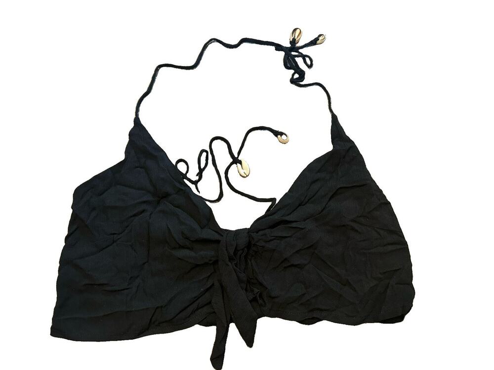 ⁠Stillwater Black Tie Front Halter Crop Top Cowrie Shell Trim Size S Rayon